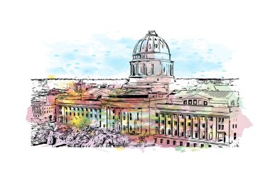 Jefferson 'ın simgesi olan Print Building Manzarası Missouri' deki şehir. Vektörde elle çizilmiş resim ile suluboya sıçraması.