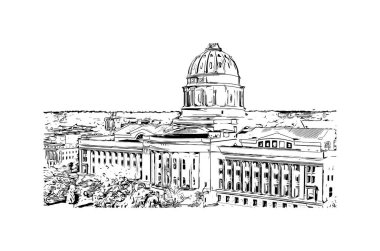 Jefferson 'ın simgesi olan Print Building Manzarası Missouri' deki şehir. Vektörde elle çizilmiş çizim çizimi.