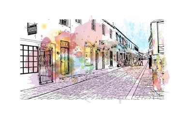 Hamilton manzaralı Print Building Kanada 'da bir şehirdir. Vektörde elle çizilmiş resim ile suluboya sıçraması.