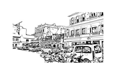 Hamilton manzaralı Print Building Kanada 'da bir şehirdir. Vektörde elle çizilmiş çizim çizimi.