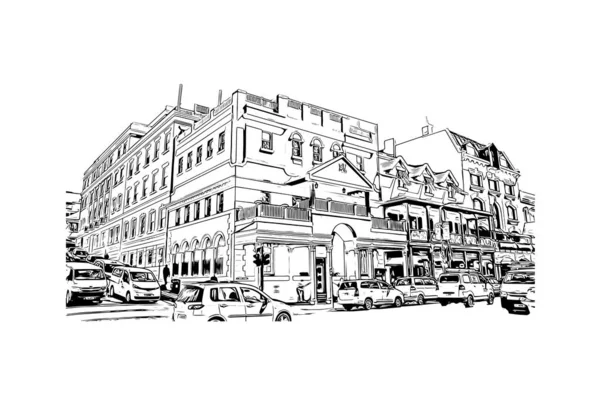 Print Building Vista Com Marco Hamilton Cidade Canadá Desenho Desenhado — Vetor de Stock