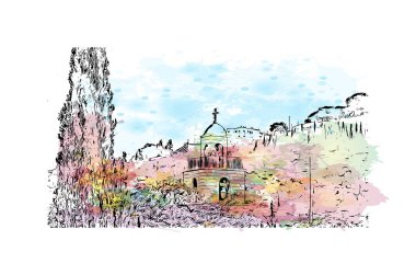 Kudüs 'ün simgesi olan Print Building view İsrail' in başkentidir. Vektörde elle çizilmiş resim ile suluboya sıçraması.