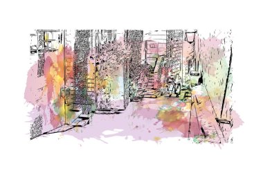 Kudüs 'ün simgesi olan Print Building view İsrail' in başkentidir. Vektörde elle çizilmiş resim ile suluboya sıçraması.