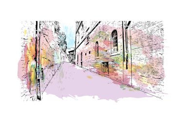 Kudüs 'ün simgesi olan Print Building view İsrail' in başkentidir. Vektörde elle çizilmiş resim ile suluboya sıçraması.