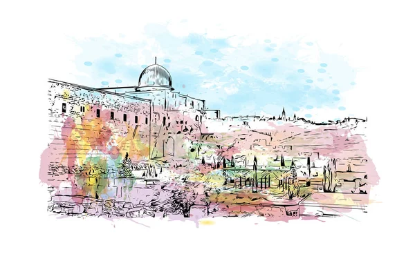 예루살렘의 랜드마크가 전경은 이스라엘 도입니다 벡터에 손으로 스케치 수채화 물보라 — 스톡 벡터