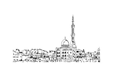 Kudüs 'ün simgesi olan Print Building view İsrail' in başkentidir. Vektörde elle çizilmiş çizim çizimi.
