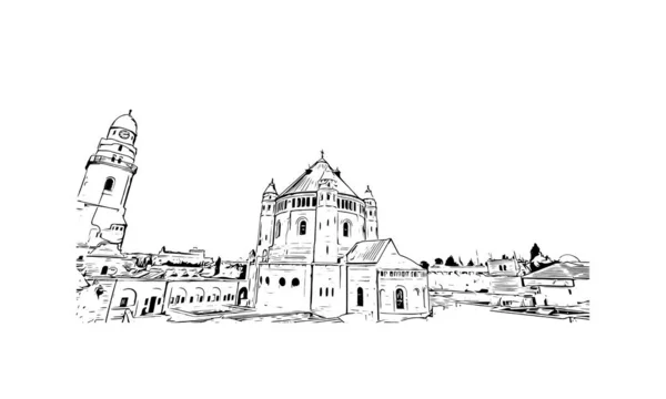 印刷エルサレムのランドマークと建物のビューはイスラエルの首都です 手描きのスケッチ図ベクトル — ストックベクタ