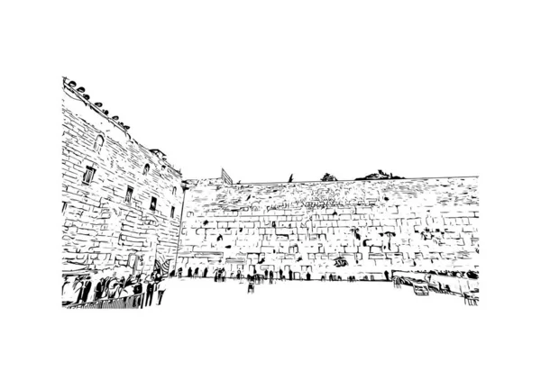 Vytisknout Pohled Budovu Orientačním Bodem Jeruzaléma Hlavním Městem Izraele Ručně — Stockový vektor