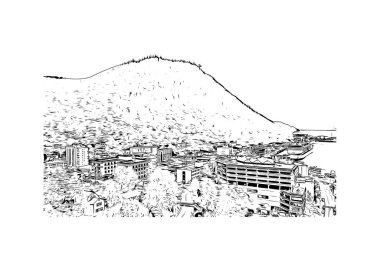 Juneau 'nun simgesi olan Print Building View, Alaska' daki bir şehirdir. Vektörde elle çizilmiş çizim çizimi.