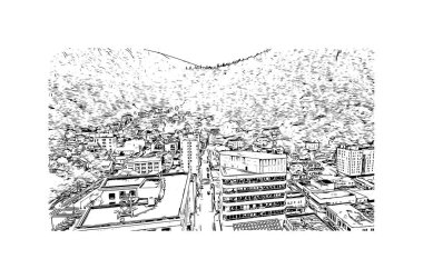 Juneau 'nun simgesi olan Print Building View, Alaska' daki bir şehirdir. Vektörde elle çizilmiş çizim çizimi.