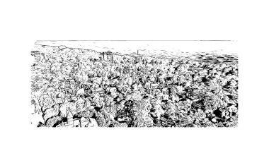 Jurmala 'nın dönüm noktası olan Print Building View Letonya' da yer almaktadır. Vektörde elle çizilmiş çizim çizimi.