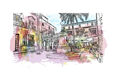 Print Building view with landmark of Jerez de la Frontera, İspanya 'nın başkentidir. Vektörde elle çizilmiş resim ile suluboya sıçraması.