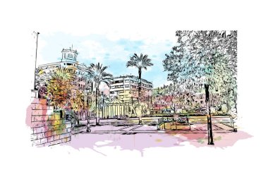 Print Building view with landmark of Jerez de la Frontera, İspanya 'nın başkentidir. Vektörde elle çizilmiş resim ile suluboya sıçraması.