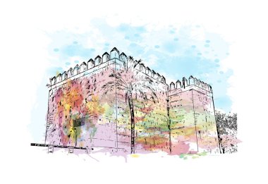 Print Building view with landmark of Jerez de la Frontera, İspanya 'nın başkentidir. Vektörde elle çizilmiş resim ile suluboya sıçraması.