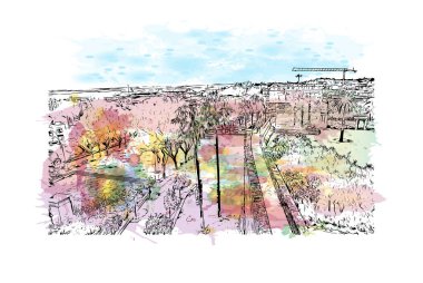 Print Building view with landmark of Jerez de la Frontera, İspanya 'nın başkentidir. Vektörde elle çizilmiş resim ile suluboya sıçraması.