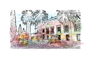 Print Building view with landmark of Jerez de la Frontera, İspanya 'nın başkentidir. Vektörde elle çizilmiş resim ile suluboya sıçraması.