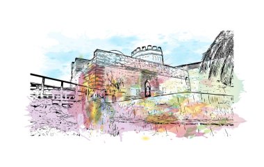 Print Building view with landmark of Jerez de la Frontera is the ecity in Spain. Vektörde elle çizilmiş resim ile suluboya sıçraması.