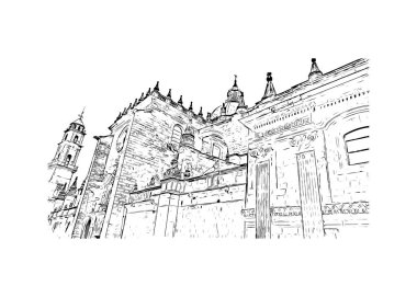 Print Building view with landmark of Jerez de la Frontera is the ecity in Spain. Vektörde elle çizilmiş çizim çizimi.
