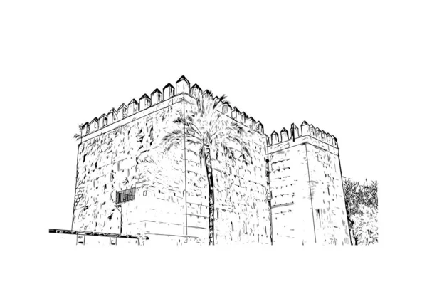 带有Jerez Frontera地标的打印建筑视图是西班牙的特色 矢量手绘草图 — 图库矢量图片