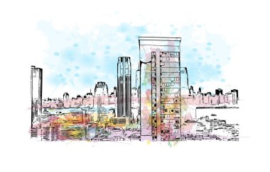 Jersey 'in simgesi olan Print Building View New Jersey' de bulunmaktadır. Vektörde elle çizilmiş resim ile suluboya sıçraması.