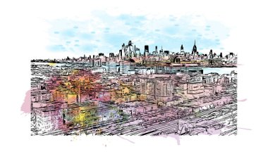 Jersey 'in simgesi olan Print Building View New Jersey' de bulunmaktadır. Vektörde elle çizilmiş resim ile suluboya sıçraması.