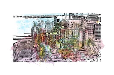 Jersey 'in simgesi olan Print Building View New Jersey' de bulunmaktadır. Vektörde elle çizilmiş resim ile suluboya sıçraması.