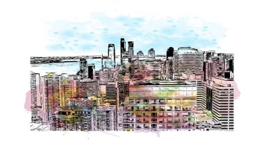 Jersey 'in simgesi olan Print Building View New Jersey' de bulunmaktadır. Vektörde elle çizilmiş resim ile suluboya sıçraması.