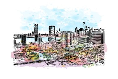 Jersey 'in simgesi olan Print Building View New Jersey' de bulunmaktadır. Vektörde elle çizilmiş resim ile suluboya sıçraması.