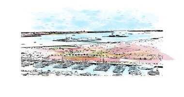 Jersey 'in simgesi olan Print Building View New Jersey' de bulunmaktadır. Vektörde elle çizilmiş resim ile suluboya sıçraması.