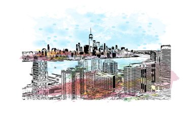 Jersey 'in simgesi olan Print Building View New Jersey' de bulunmaktadır. Vektörde elle çizilmiş resim ile suluboya sıçraması.