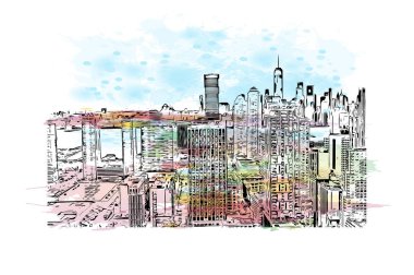 Jersey 'in simgesi olan Print Building View New Jersey' de bulunmaktadır. Vektörde elle çizilmiş resim ile suluboya sıçraması.