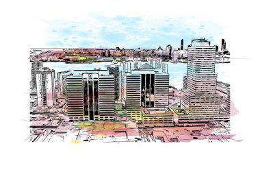 Jersey 'in simgesi olan Print Building View New Jersey' de bulunmaktadır. Vektörde elle çizilmiş resim ile suluboya sıçraması.
