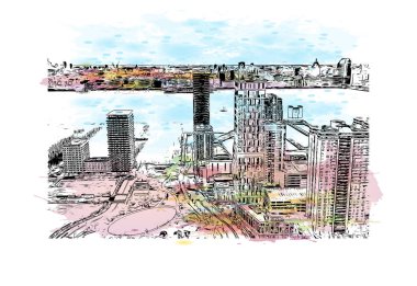 Jersey 'in simgesi olan Print Building View New Jersey' de bulunmaktadır. Vektörde elle çizilmiş resim ile suluboya sıçraması.