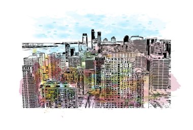 Jersey 'in simgesi olan Print Building View New Jersey' de bulunmaktadır. Vektörde elle çizilmiş resim ile suluboya sıçraması.