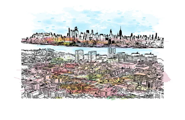 Jersey 'in simgesi olan Print Building View New Jersey' de bulunmaktadır. Vektörde elle çizilmiş resim ile suluboya sıçraması.