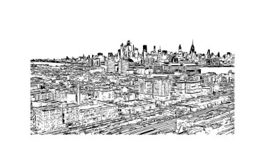 Jersey 'in simgesi olan Print Building View New Jersey' de bulunmaktadır. Vektörde elle çizilmiş çizim çizimi.