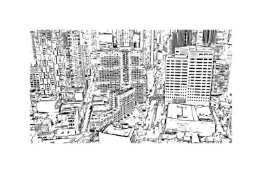 Jersey 'in simgesi olan Print Building View New Jersey' de bulunmaktadır. Vektörde elle çizilmiş çizim çizimi.