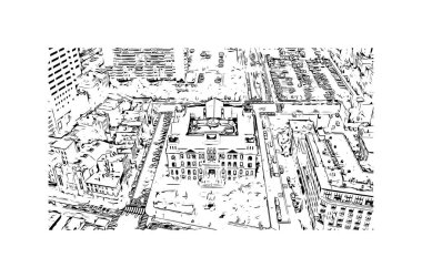 Jersey 'in simgesi olan Print Building View New Jersey' de bulunmaktadır. Vektörde elle çizilmiş çizim çizimi.