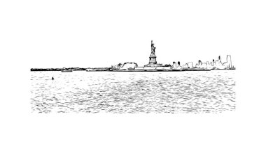 Jersey 'in simgesi olan Print Building View New Jersey' de bulunmaktadır. Vektörde elle çizilmiş çizim çizimi.