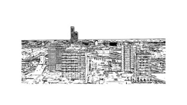 Jersey 'in simgesi olan Print Building View New Jersey' de bulunmaktadır. Vektörde elle çizilmiş çizim çizimi.