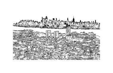 Jersey 'in simgesi olan Print Building View New Jersey' de bulunmaktadır. Vektörde elle çizilmiş çizim çizimi.
