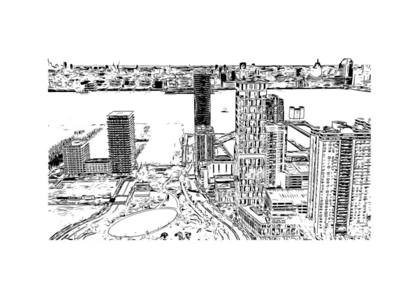 具有泽西岛地标的印刷建筑景观是新泽西州的一个城市 矢量手绘草图 — 图库矢量图片