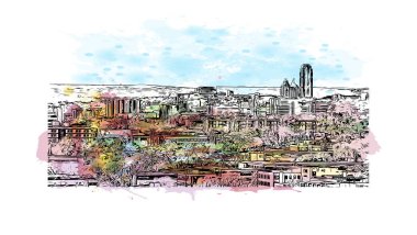 Johannesburg manzaralı Print Building, Güney Afrika 'da bir şehirdir. Vektörde elle çizilmiş resim ile suluboya sıçraması.