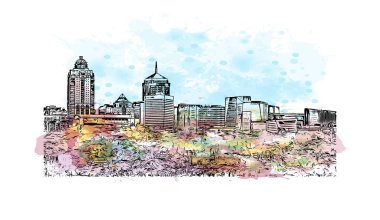 Johannesburg manzaralı Print Building, Güney Afrika 'da bir şehirdir. Vektörde elle çizilmiş resim ile suluboya sıçraması.