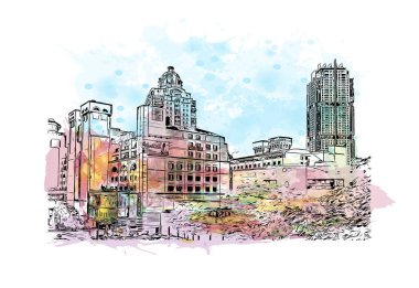 Johannesburg manzaralı Print Building, Güney Afrika 'da bir şehirdir. Vektörde elle çizilmiş resim ile suluboya sıçraması.