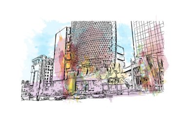 Johannesburg manzaralı Print Building, Güney Afrika 'da bir şehirdir. Vektörde elle çizilmiş resim ile suluboya sıçraması.