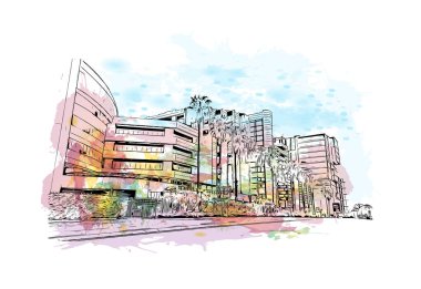 Johannesburg manzaralı Print Building, Güney Afrika 'da bir şehirdir. Vektörde elle çizilmiş resim ile suluboya sıçraması.