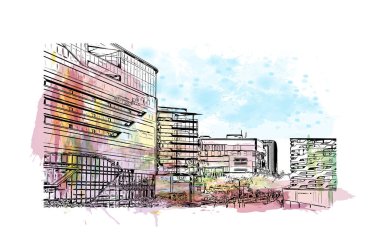 Johannesburg manzaralı Print Building, Güney Afrika 'da bir şehirdir. Vektörde elle çizilmiş resim ile suluboya sıçraması.