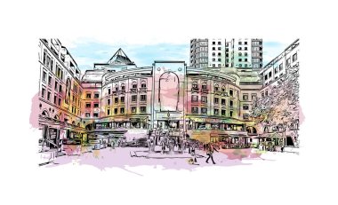 Johannesburg manzaralı Print Building, Güney Afrika 'da bir şehirdir. Vektörde elle çizilmiş resim ile suluboya sıçraması.