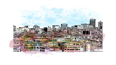 Johannesburg manzaralı Print Building, Güney Afrika 'da bir şehirdir. Vektörde elle çizilmiş resim ile suluboya sıçraması.